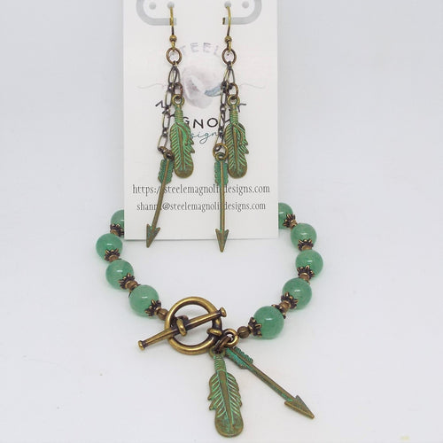 Bracelet and Earring Set, Green Feather and Arrow